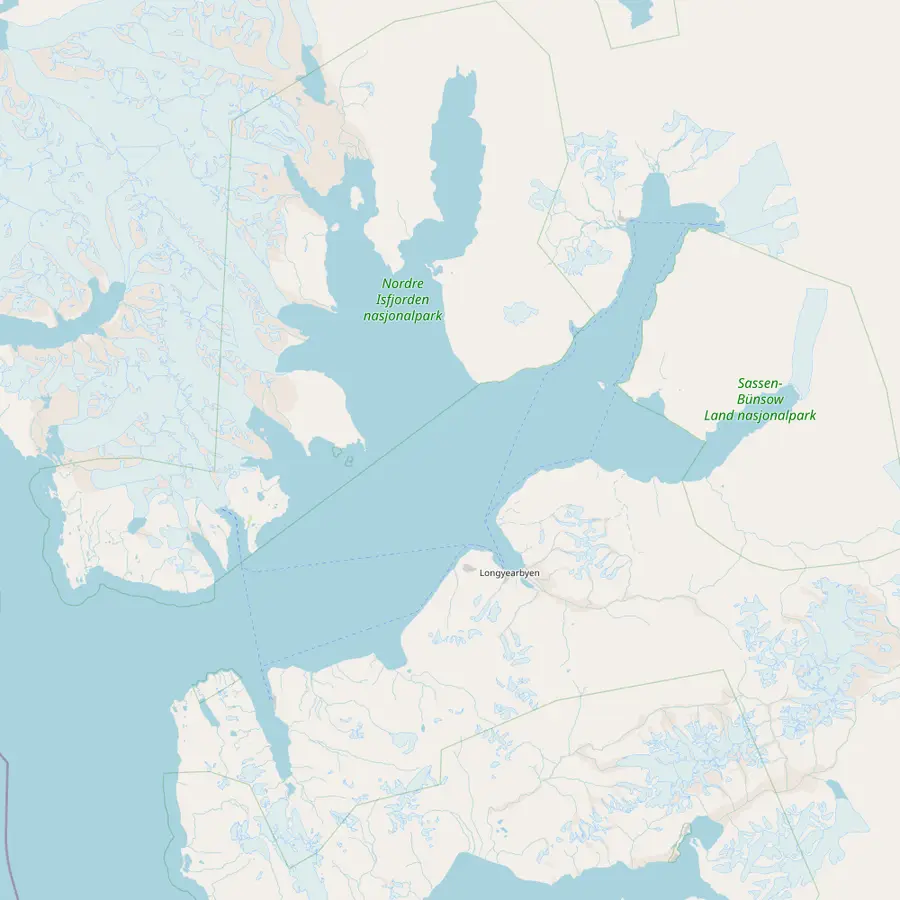 Kart over Isfjorden med Longyearbyen, Barentsburg og Pyramiden