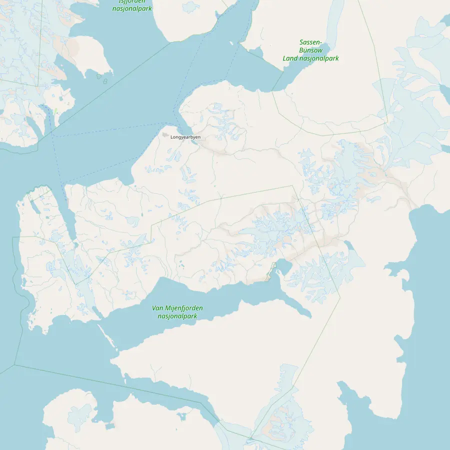 Kart over sentrale Spitsbergen fra Longyearbyen sørover gjennom Reindalen til Van Mijenfjorden og Sveagruva